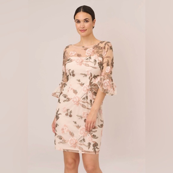 ADRIANNA PEPELL FLORAL EMBROIDERED BELL SLEEVE SHEATH DRESS - Picture 1 of 8
